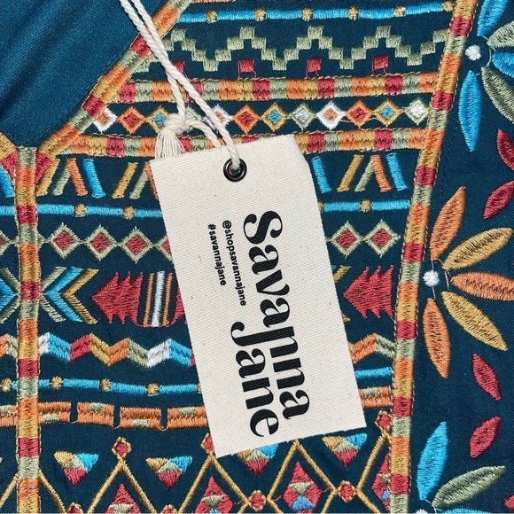 NWT Savannah Jane Embroidered V Neck Dress Teal Midi Lined Boho Womans SM - Picture 8 of 10